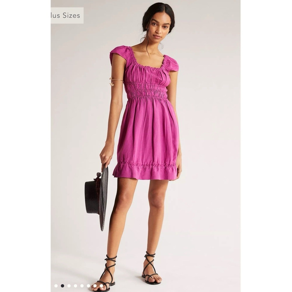 By Anthropologie Womens L Mini‎ Dress Linen Raspberry Smocked Tiered Boho Hippie